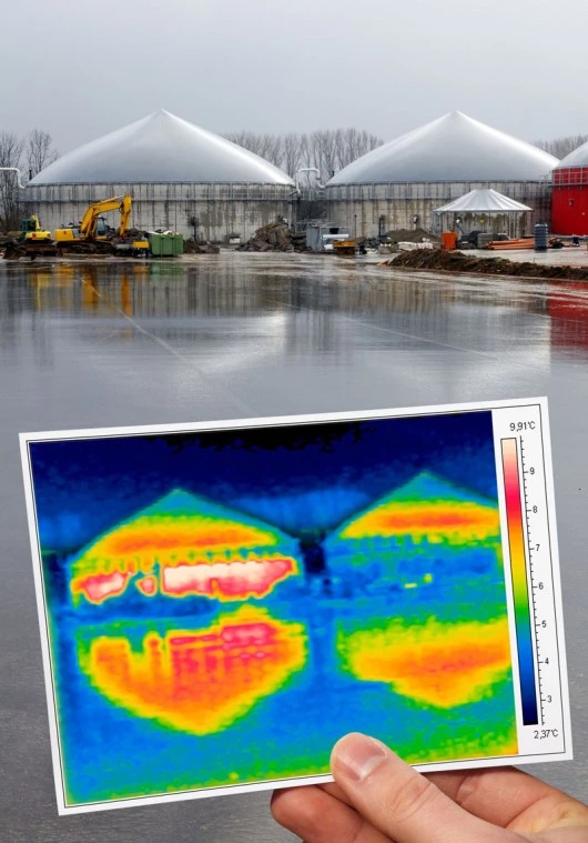 Thermographische Aufnahme vor einem Industriehintergrund